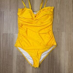 Bright Yellow Ruched One-Piece Swimsuit – Size 8
